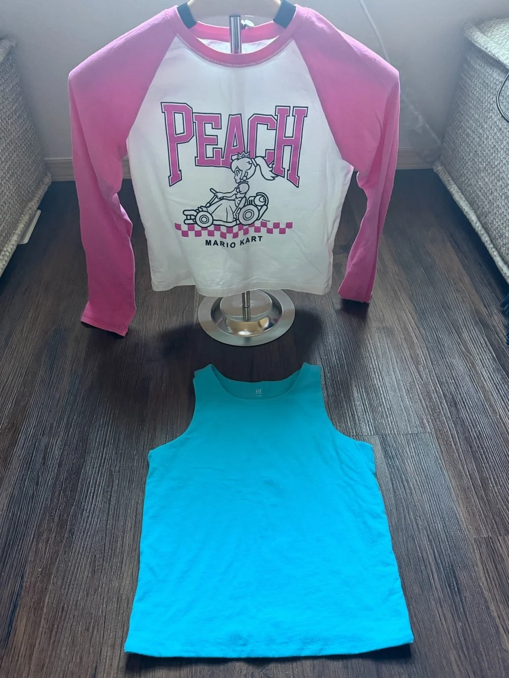 GAP Kids - Girls Peach Mario Kart Pink & White Raglan Tee with Blue Tank